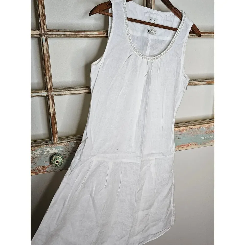 Linen Dress White Drop Waist Pearl Accents by Malvin Germany Ladies size Small - Picture 3 of 11